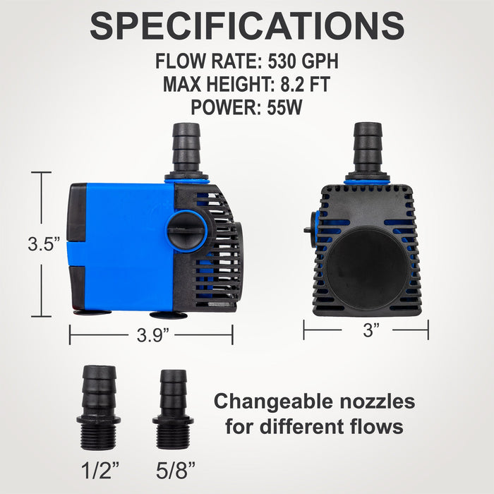 530 GPH Adjustable Pond Fountain Water Feature Pump 15’ SJTW 3-Prong Plug