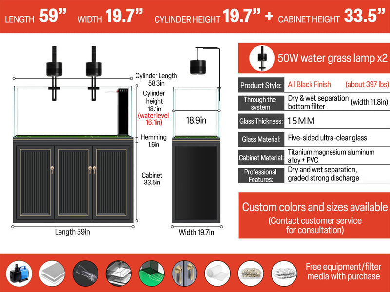 Aqua Dream 175 Gallon Plants Ranchu Aquarium with Ultra Clear Glass and Built in Sump All Black