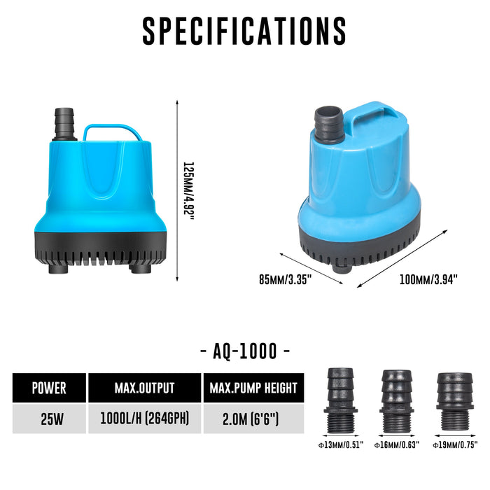 Aqua Dream 264 GPH Bottom Feed Submersible Water Pump - 25W Energy Efficient, Low-Suction