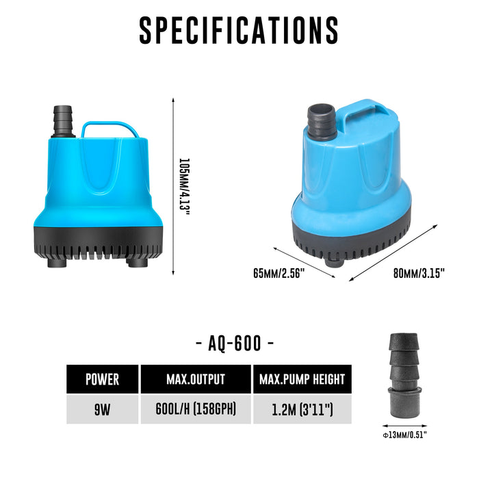 Aqua Dream 158 GPH Bottom Feed Submersible Water Pump - 9W Energy Efficient, Low-Suction